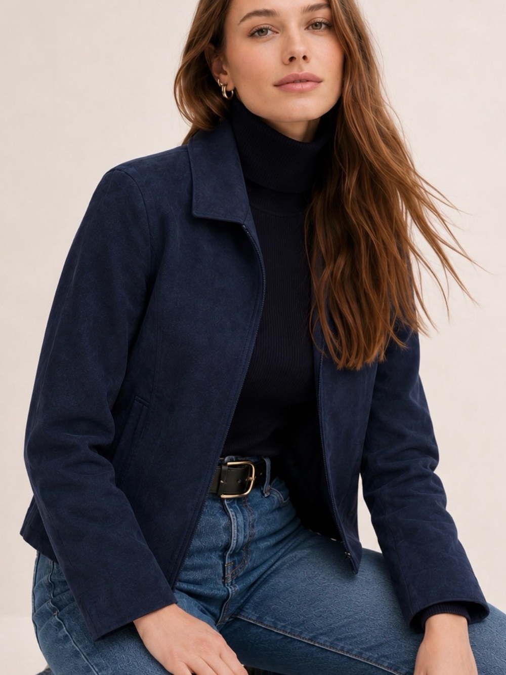 Peck & Peck Weekend Navy Blue Leather Suede Jacket Minimalist Blazer XL